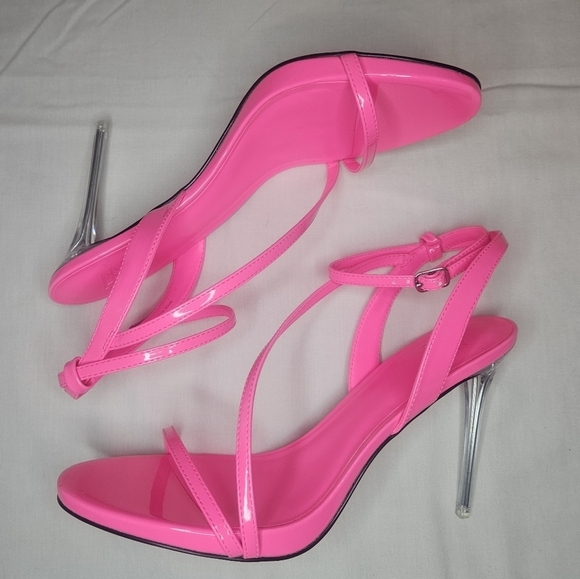 AAJ By Aminah Zayn Lucite Heel Asymmetrical Strap Dress Sandals - Neno Pink $150 - Picture 6 of 15